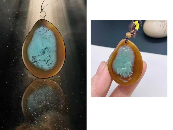 马题材挂件设计稿与起货成品对照，包含原图的不同视角