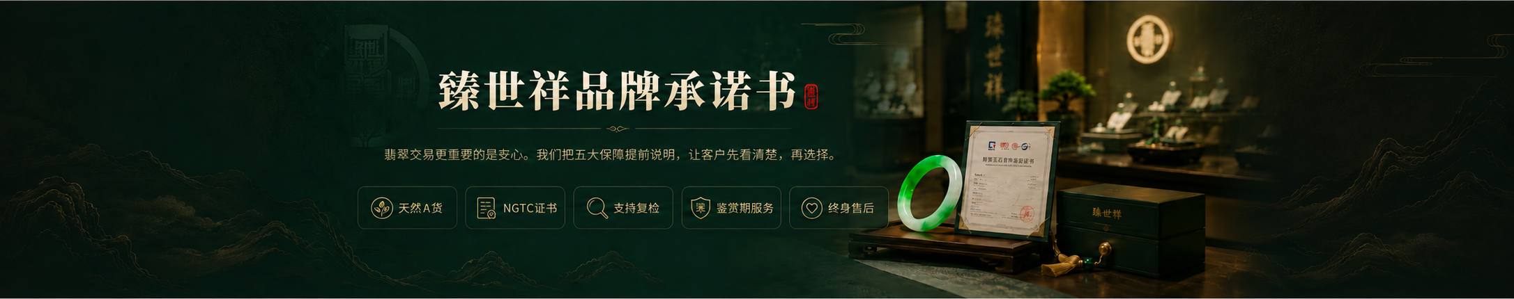 臻世祥品牌承诺书：天然A货、NGTC证书、支持复检、鉴赏期服务、终身售后